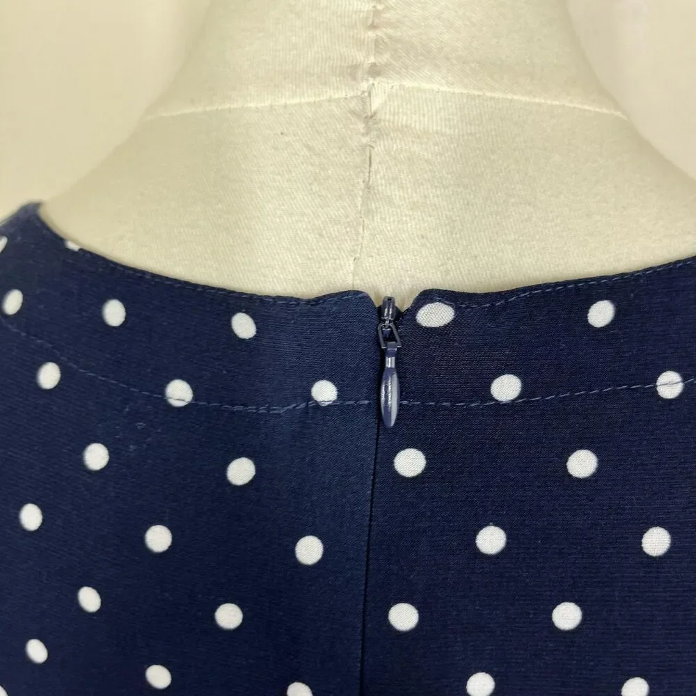 Anne Klein Dress Womens 10 Blue Polka Dot Belted Midi Fit Flare Work Office - Picture 3 of 8